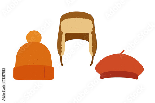 Stylized set of warm winter headwear including knit beanie, trapper hat, and classic beret