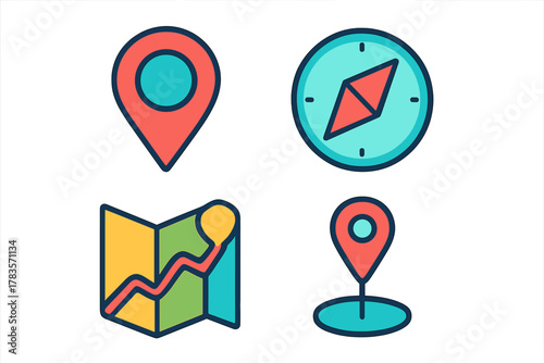 Free Download Navigation and location icons set featuring map markers, compass, and folded map symbols - GFXLoad
