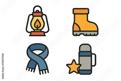 Essential outdoor equipment including lantern, hiking boot, warm scarf, and thermos flask