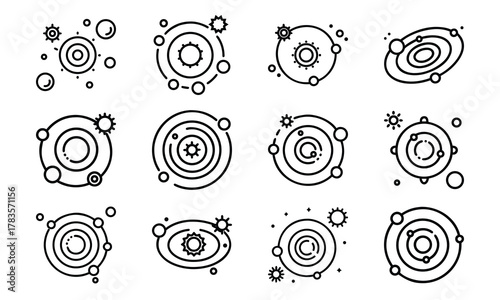 Education and School Line Icons Set – Stars, Tree, Eraser, Exam Paper, Classroom, Uniform, Microphone, Piano, Glasses, Rocket, Solar System, and Study Desk Outline Symbols