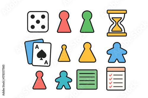Colorful collection of classic board game pieces including dice pawns hourglass and playing cards
