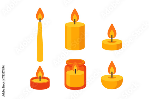 Collection of glowing wax candles including taper pillar tea light and jar styles