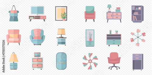Collection of modern flat design furniture and household items in soft pastel colors, including chairs, tables, cabinets, and decor.