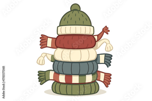 Whimsical tower of cozy winter accessories including knitted hats and striped scarves