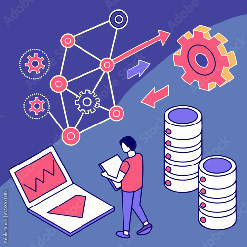 A person analyzing data network with laptop, gear, and database for business intelligence purposes