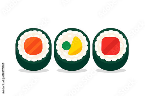 Three Japanese maki sushi rolls with rice, seaweed, and colorful fillings