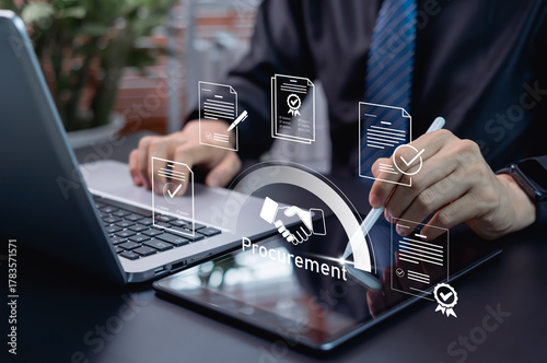 Businessman managing procurement contracts and approvals. Concept of collaboration, decision making, document management, and operational efficiency for corporate deals and business workflow.