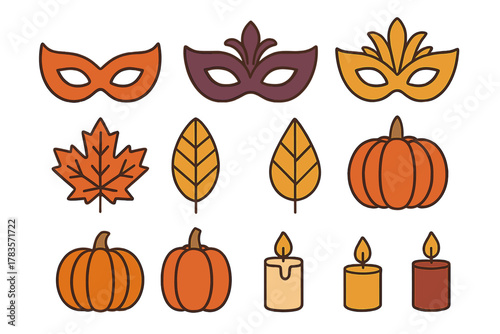 Autumn and holiday collection featuring masquerade masks, pumpkins, leaves, and burning candles