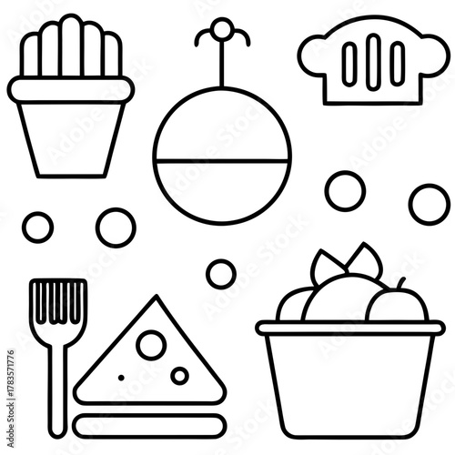 Illustration of various food items and cooking utensils, showcasing culinary elements