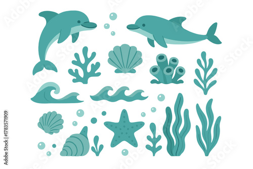 Cute marine animals and ocean plants featuring dolphin starfish seashell coral
