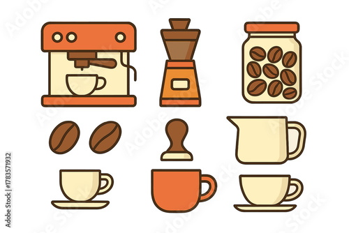 Coffee shop equipment and beverage set featuring espresso machine, grinder, cups, and beans