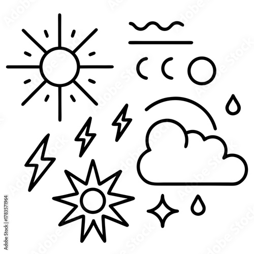 Weather icons depicting sun, clouds, lightning, rain, and stars