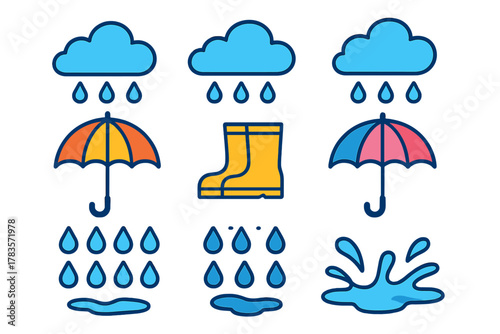 Collection of colorful rainy weather icons with clouds, raindrops, umbrellas, and boots