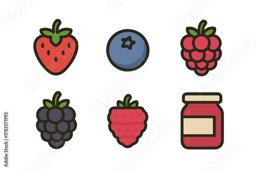Set of fresh summer berries and fruit jam graphics: strawberry, blueberry, raspberry, blackberry