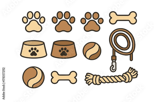 Collection of dog accessories including paw prints, feeding bowls, chew bones, balls, and leash