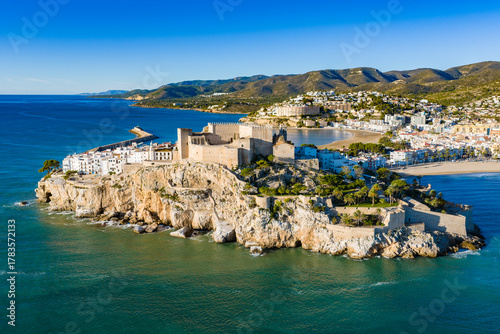 Aerial Sunrise View of Peñíscola Castle and Fortified Old Town on the Mediterranean Coast of Spain
