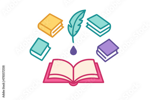Literary concept featuring an open textbook, floating colorful volumes, and a feather quill with ink drop