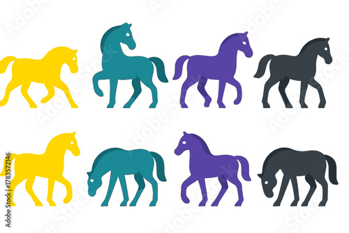 Group of eight stylized horses in four colors showing different movements and postures