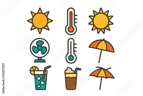 Summer heat and cooling symbols set featuring sun, thermometer, fan, umbrella, and cold drinks