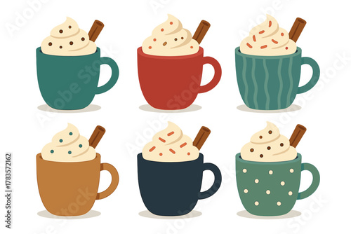 Six colorful mugs of hot cocoa topped with whipped cream and cinnamon