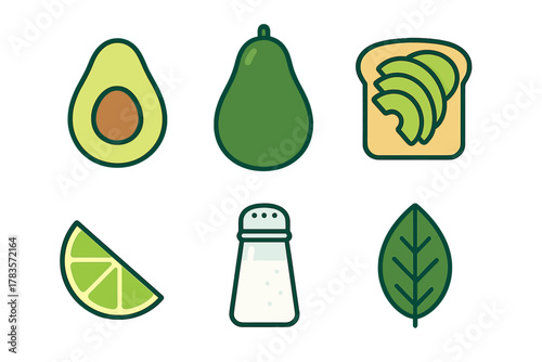 Fresh avocado, lime, salt shaker, and avocado toast food ingredients