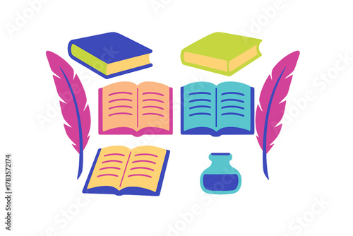 Closed and open books, pink feather quill, and blue ink bottle symbolizing literature and knowledge