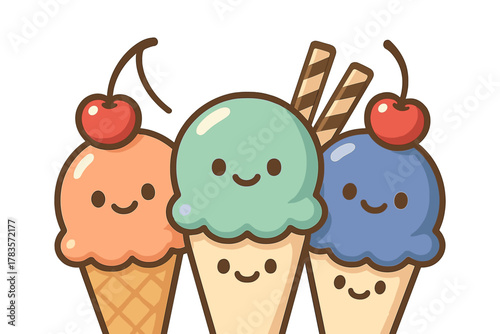 Three adorable smiling ice cream cones topped with cherries and wafer sticks