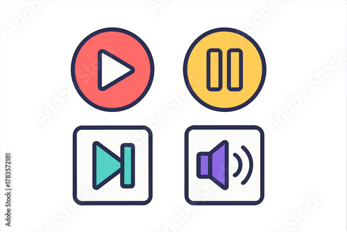 Colorful media player control icons for digital interfaces including play pause skip and volume buttons