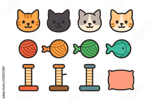 Cute domestic cat faces and essential pet supplies like scratching posts and yarn toys