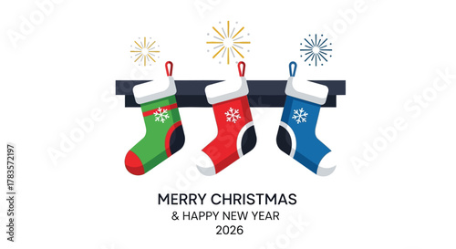 Festive christmas stockings in green red and blue hang on a mantelpiece with colorful fireworks above and merry christmas and happy new year 2026 text below