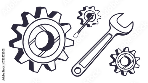 Illustration of gears and a wrench, symbolizing mechanical work, maintenance, and engineering solutions in a clean design