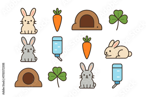 Adorable rabbit and bunny icons featuring carrots, clover, burrow, and water dispenser symbols