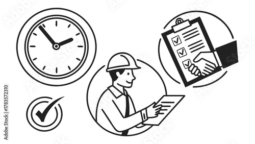 A construction worker in a hard hat reviews a document next to a clock and a checklist, this image represents project management