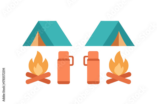 Collection of stylized icons for camping and outdoor adventure activities