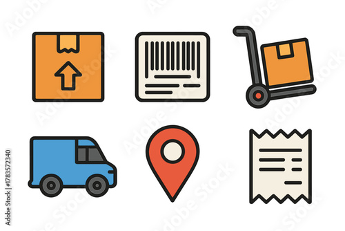 Essential logistics and delivery service symbols package barcode shipping van location marker