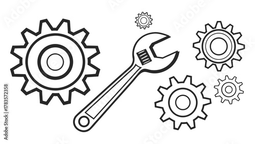 Wrench and gears a symbol of repair, maintenance, and engineering, showcasing mechanical components and tools
