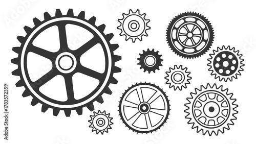 A collection of various gear shapes and sizes, , creating a mechanical and industrial aesthetic with intricate details