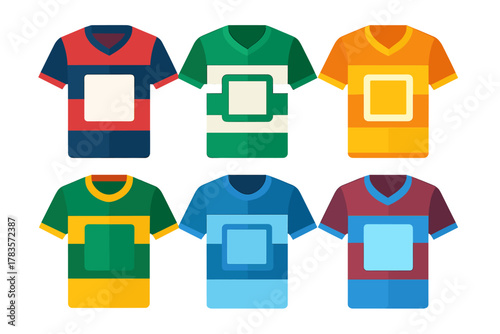 Collection of six brightly colored athletic shirts with stripe patterns and customizable logo areas