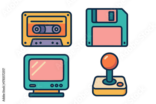 Colorful retro technology icons: cassette tape, floppy disk, vintage monitor, arcade joystick