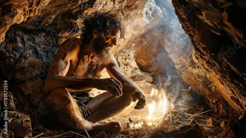 An early human rests inside a cave, next to a fire. He appears to be an ancient human or a prehistoric human, representing a cave dweller lifestyle for early hominid