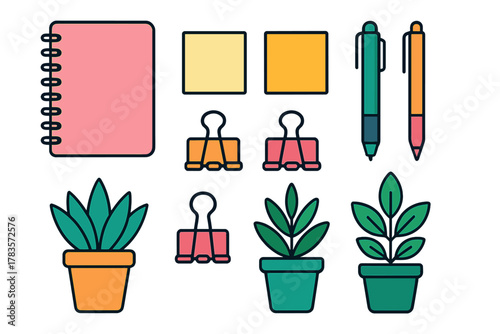 Colorful stationery items, supplies, binder clips, pens, and potted plants