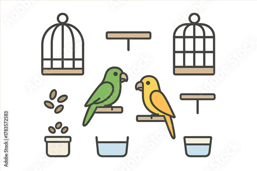 Set of domestic bird care elements including colorful parrots, cages, and accessories