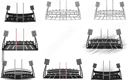 Rugby and football stadium icons set, vector illustration of sports arena with goalposts, night floodlights, fan seating, championship venue, black white red design, field view