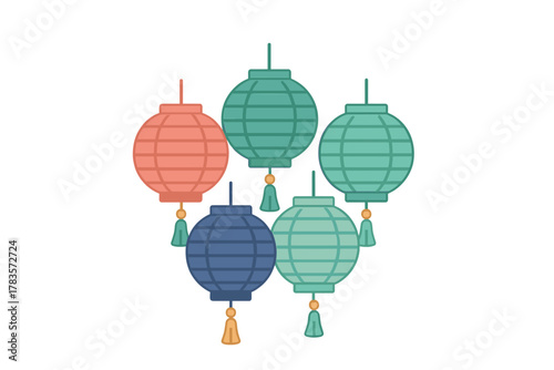 Decorative cluster of traditional Asian paper lanterns hanging with tassels