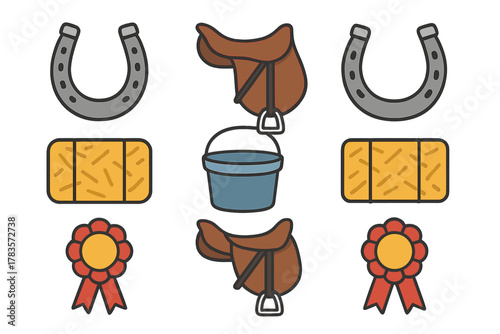 Essential equestrian equipment set featuring horseshoes, saddles, hay bales, and award ribbons