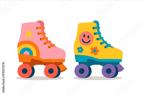 Brightly colored vintage roller skates with rainbow star and happy face graphics