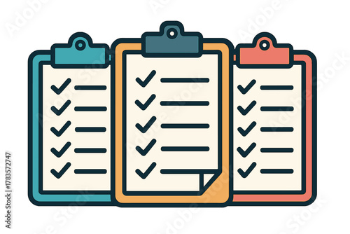 Three colorful clipboards showing completed checklists for successful task management