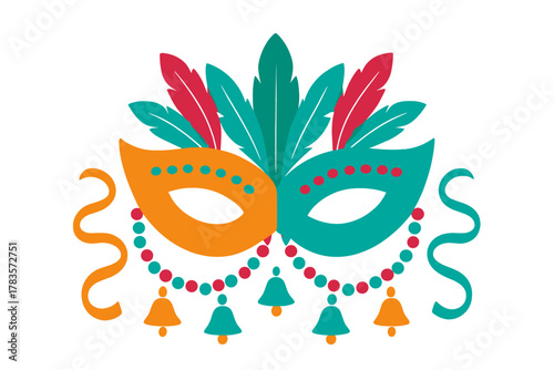 Festive carnival mask adorned with bright feathers beads and dangling bells