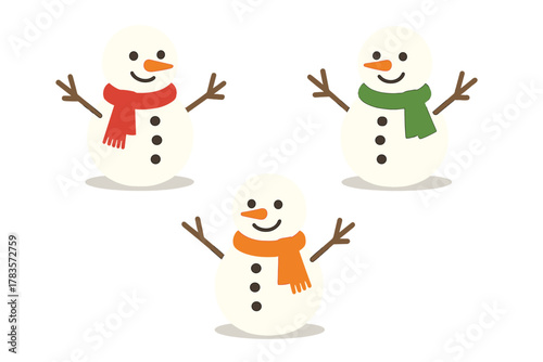 Group of cheerful snowmen characters with carrot noses and stick arms wearing bright winter scarves