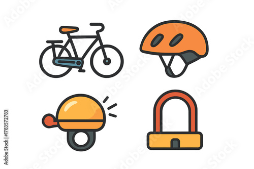 Four essential cycling accessories including a bike, safety helmet, bell, and security lock